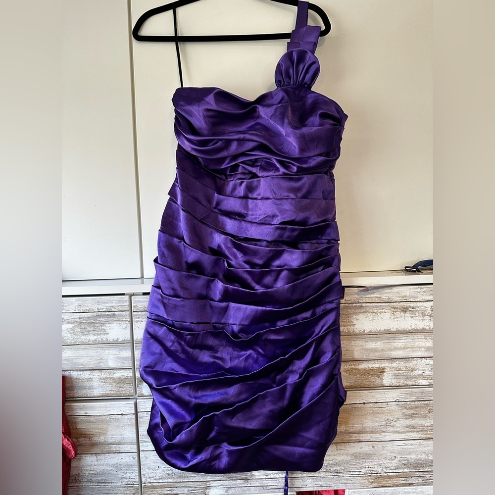 💜 Star Box Purple Satin One Shoulder Cocktail Dress XL Corset Back